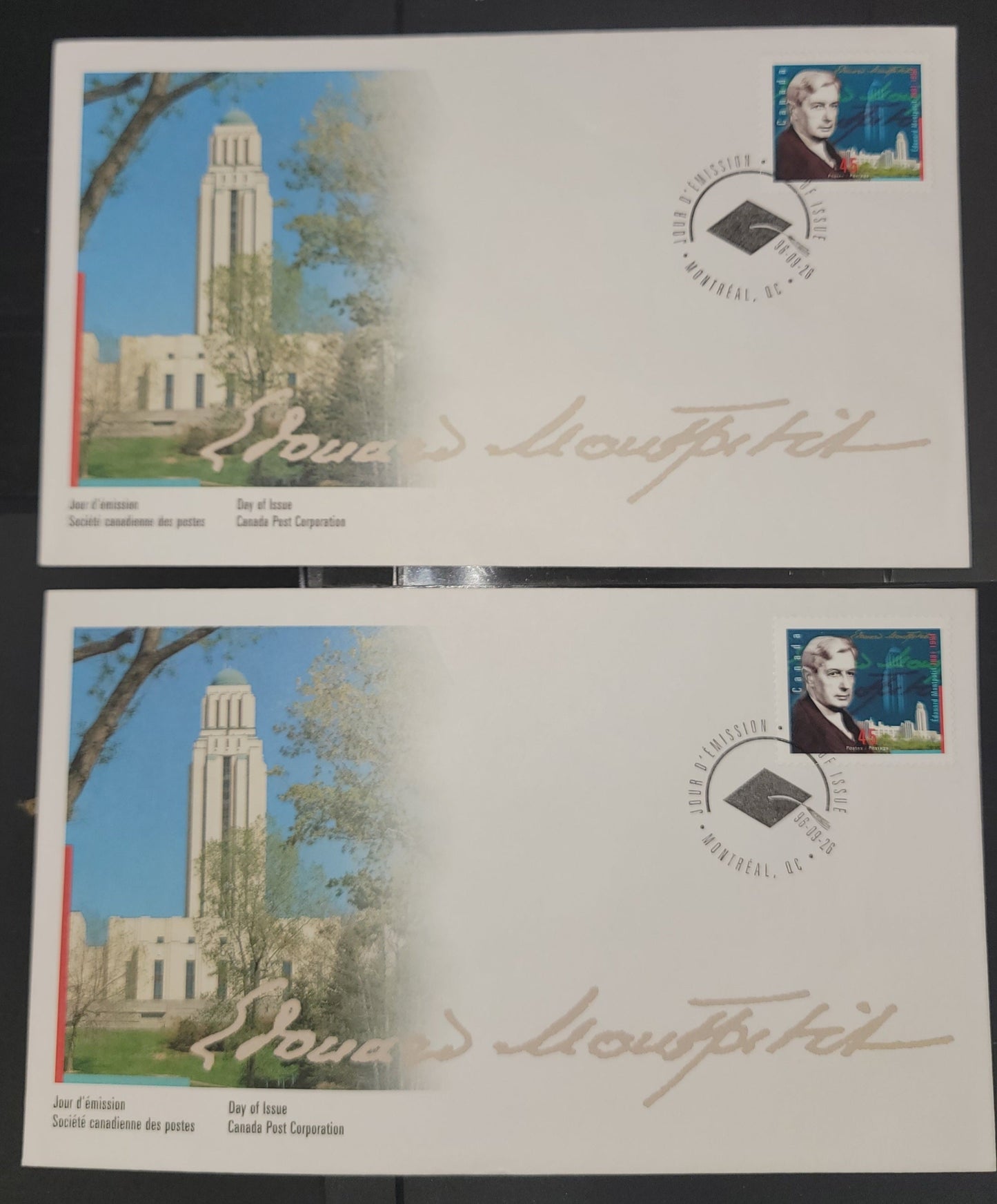 Canada #1617 45c Multicoloured Edouard Montpetit, 1996 Edouard Montpetit Issue, 2 VF Canada Post FDC's Franked With Singles, LF & MF Envelopes