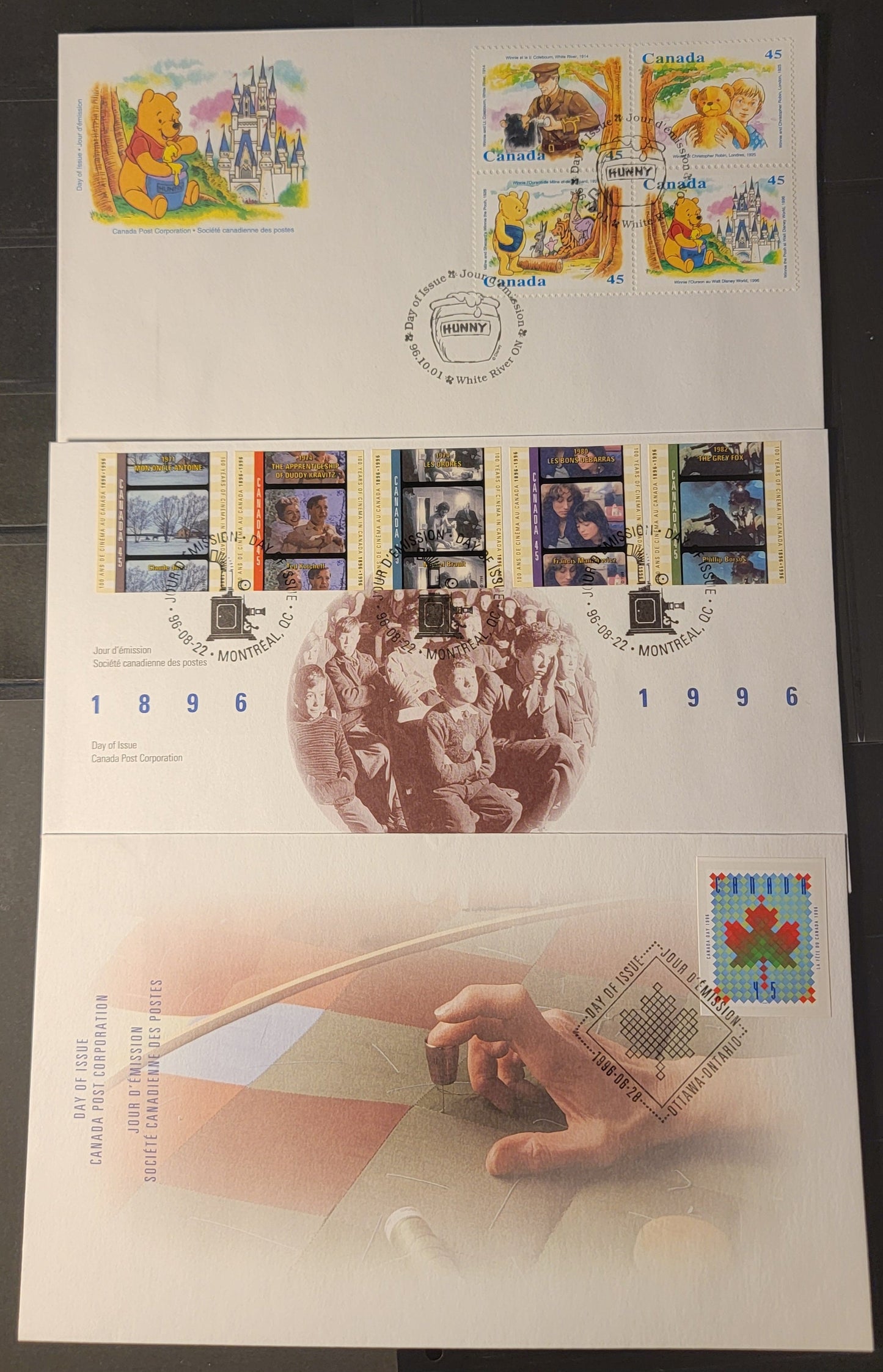 Canada #1607, 1616, 1618-1621, 45c Multicoloured Maple Leaf - Winnie The Pooh At Dysney World, 1996 Canada Day - Winnie The Pooh Issues, 3 VF Canada Post FDC's Franked With Singles & A Block, HB & MF Envelopes