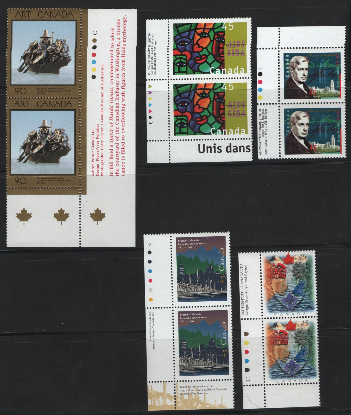 Canada #1602-1603, 1613-1614, 1617 45c-90c Multicoloured The Spirit Of Haida Gwaii - Edouard Montpetit, 1996 Art Canada - Edouard Montpetit Issues, 5 VFNH Inscription Pairs Normal Tagging