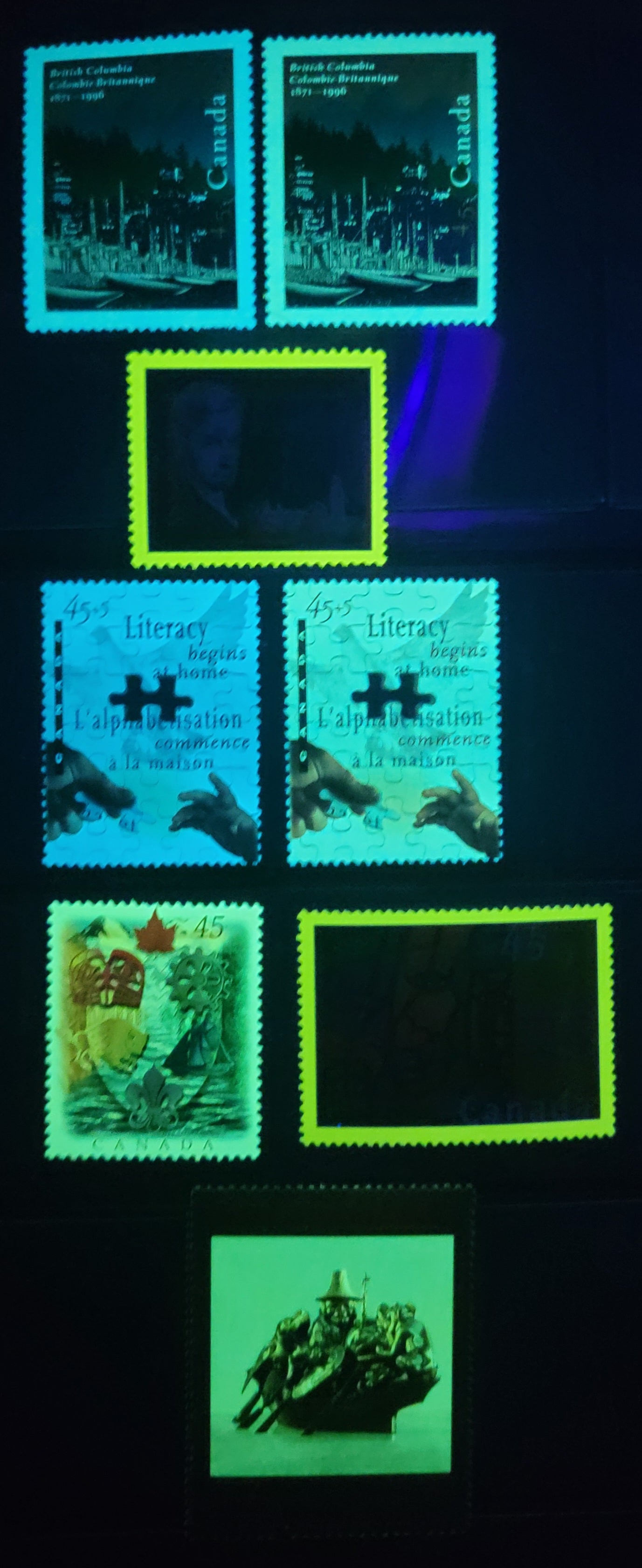 Canada #1602-1603, 1613-1614, 1617, B13 45c, 90c Multicoloured The Spirit Of Haida Gwaii - Dove & Puzzle Pieces, 1996 Art Canada - Literacy Issues, 7 VFNH Singles Normal & Weak Tagging