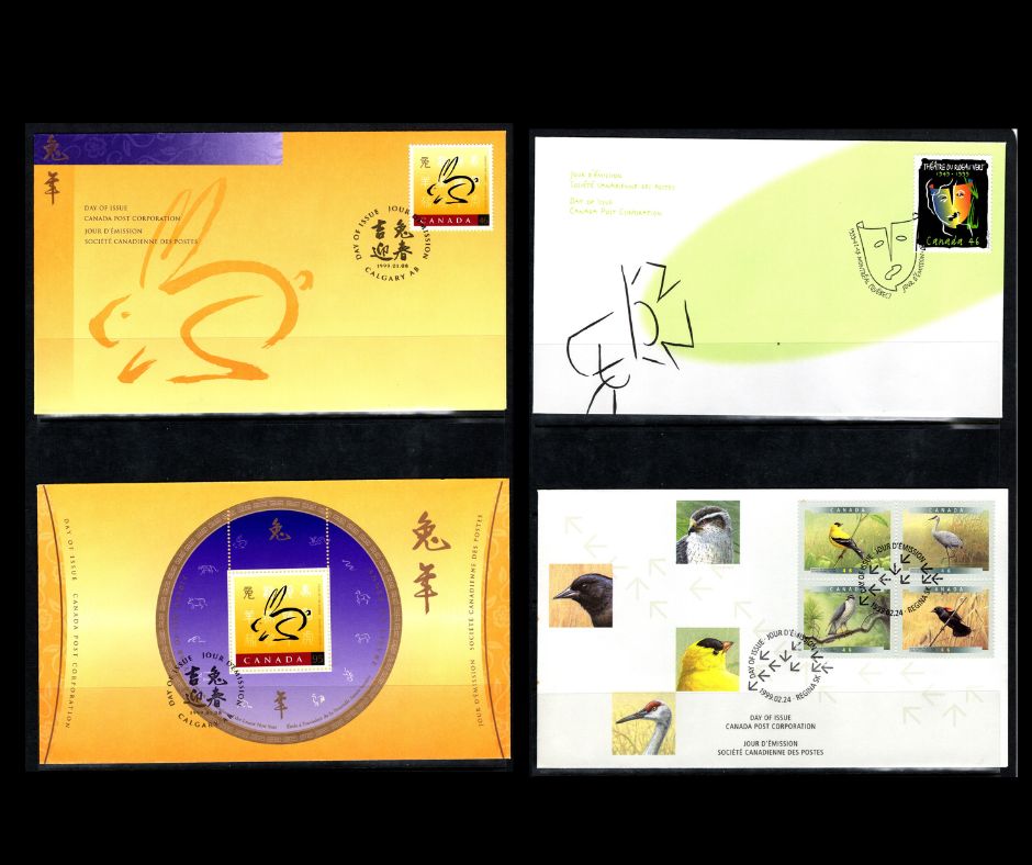 Canada #1767-1773a 46c, 95c Multicoloured Rabbit & Chinese Characters - Sandhill Crane, 1999 Year Of The Rabbit - Birds Of Canada Issues, 4 VF Canada Post FDC's Franked With Singles, Souvenir Sheets & Se-Tenant Block, On DF, MF & HF Envelopes