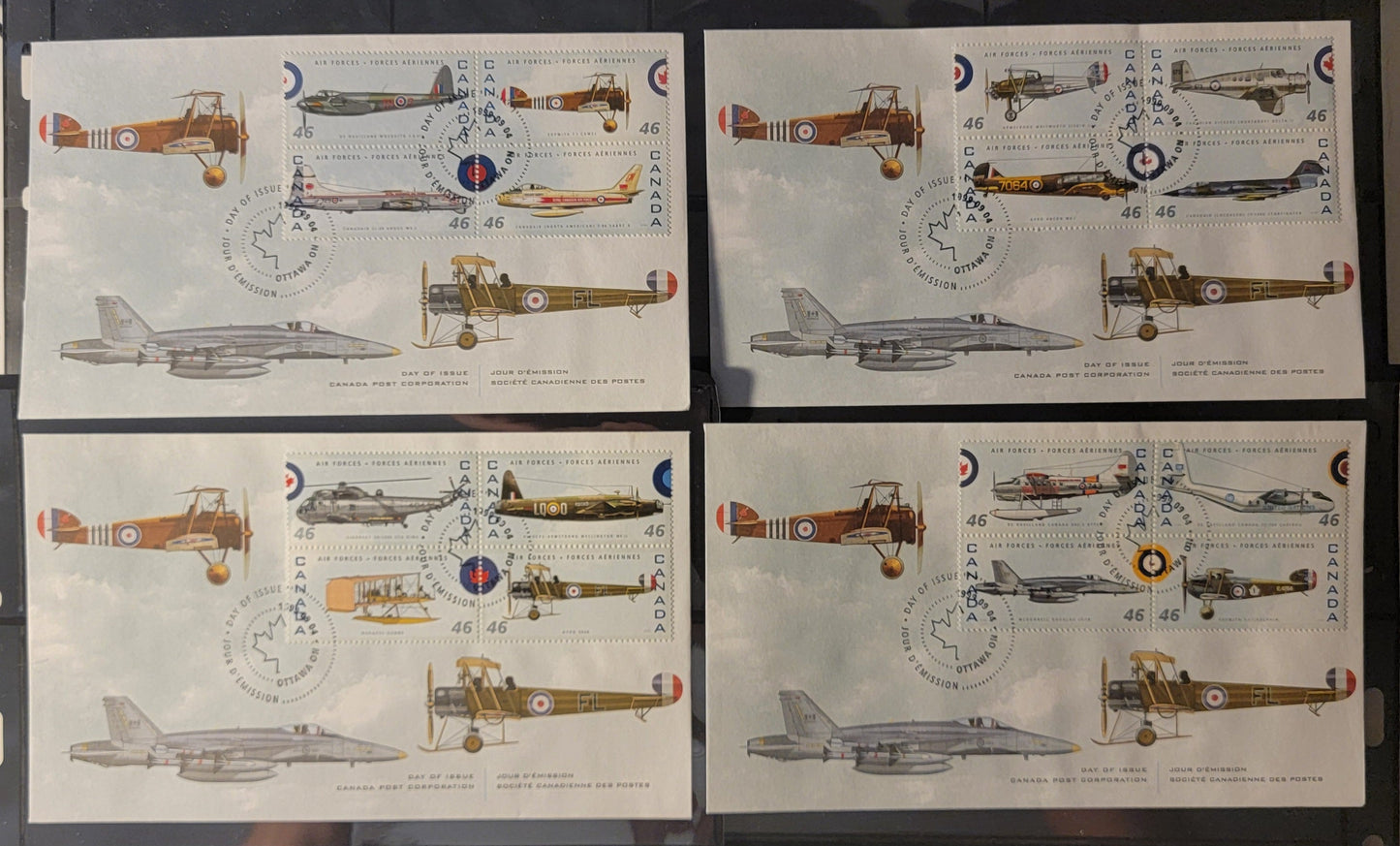 Canada #1808a-p 46c Multicoloured De Havilland Mosquito FB VI - Avro 504K, 1999 Canadian Air Forces Issue, 4 VF Canada Post FDC's Franked With Se-Tenant Blocks On HF Envelopes
