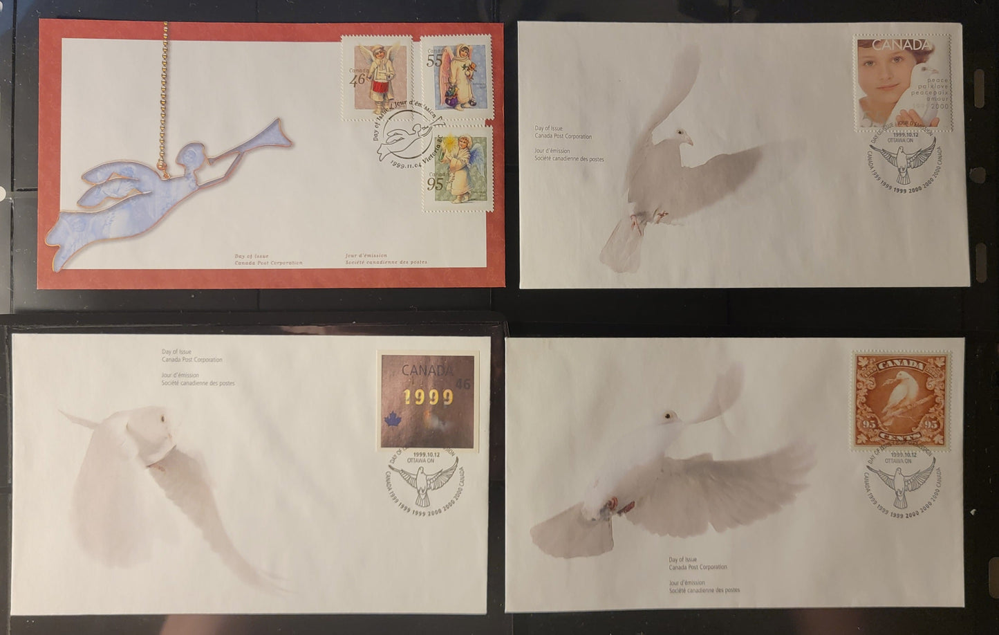 Canada #1812-1817 46c-95c Multicoloured Dove - Victorian Angel, 1999 Millennium - Christmas Issues, 4 VF Canada Post FDC's Franked With Singles On HB Envelopes
