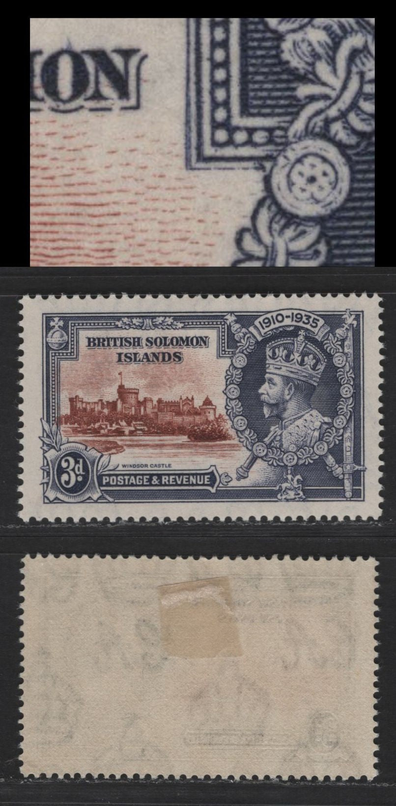 Lot 289 British Solomon Islands SC#61var 3d Deep Periwinkle & Chestnut King George V & Castle, 1935 Silver Jubilee Issue, A VFOG Single, Showing Doubling of Inner Frameline To Right Of Solomon