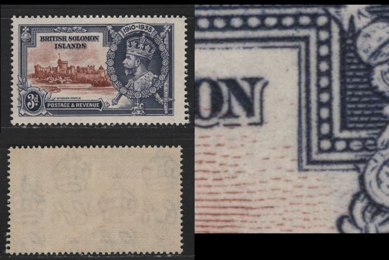 Lot 290 British Solomon Islands SC#61var 3d Deep Periwinkle & Chestnut King George V & Castle, 1935 Silver Jubilee Issue, A VFOG Single, Showing Doubling of Inner Frameline To Right Of Solomon