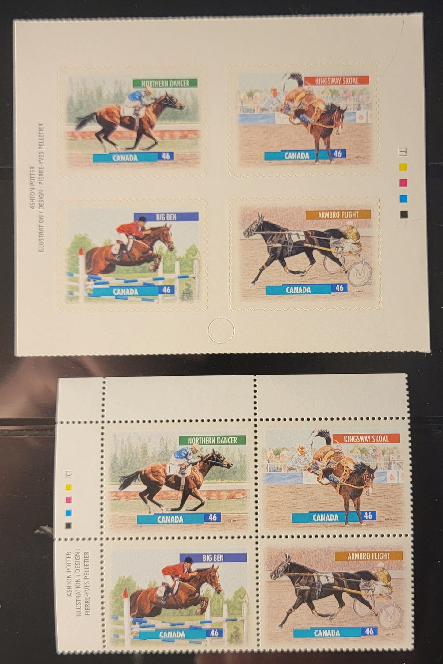 Canada #1794a, 1798a 46c Multicoloured Northern Dancer - Armbro Flight, 1999 Canadian Horses Issue, A VFNH Inscription Block & Inscription Booklet Pane From Sheet & Booklet