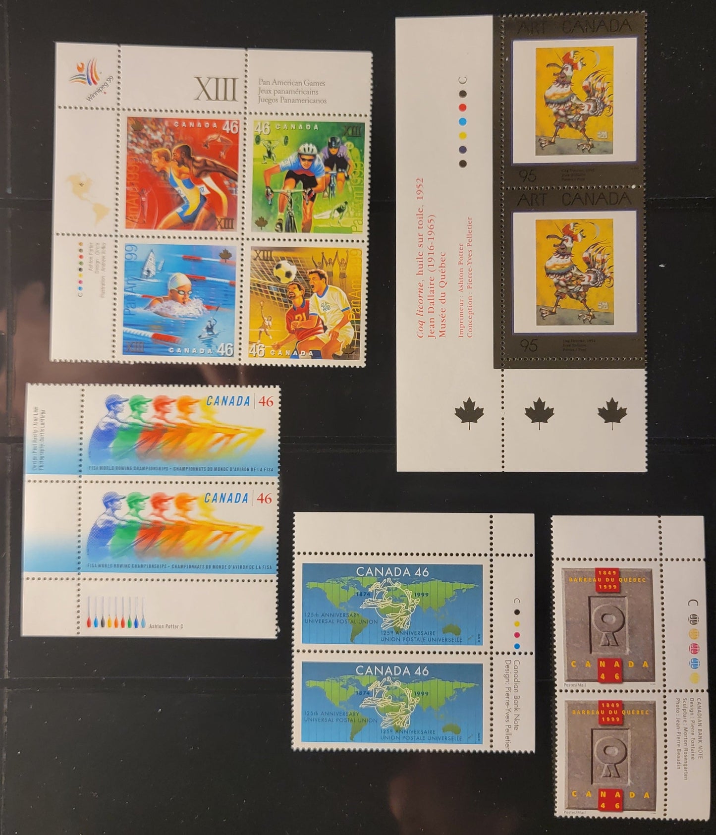 Canada #1799-1806 46c Multicoloured Quebec Bar Association Logo - UPU Emblem On World Map, 1999 Quebec Bar Association - 125th Anniversary Of UPU Issues, 4 VFNH Inscription Pairs & Inscription Block