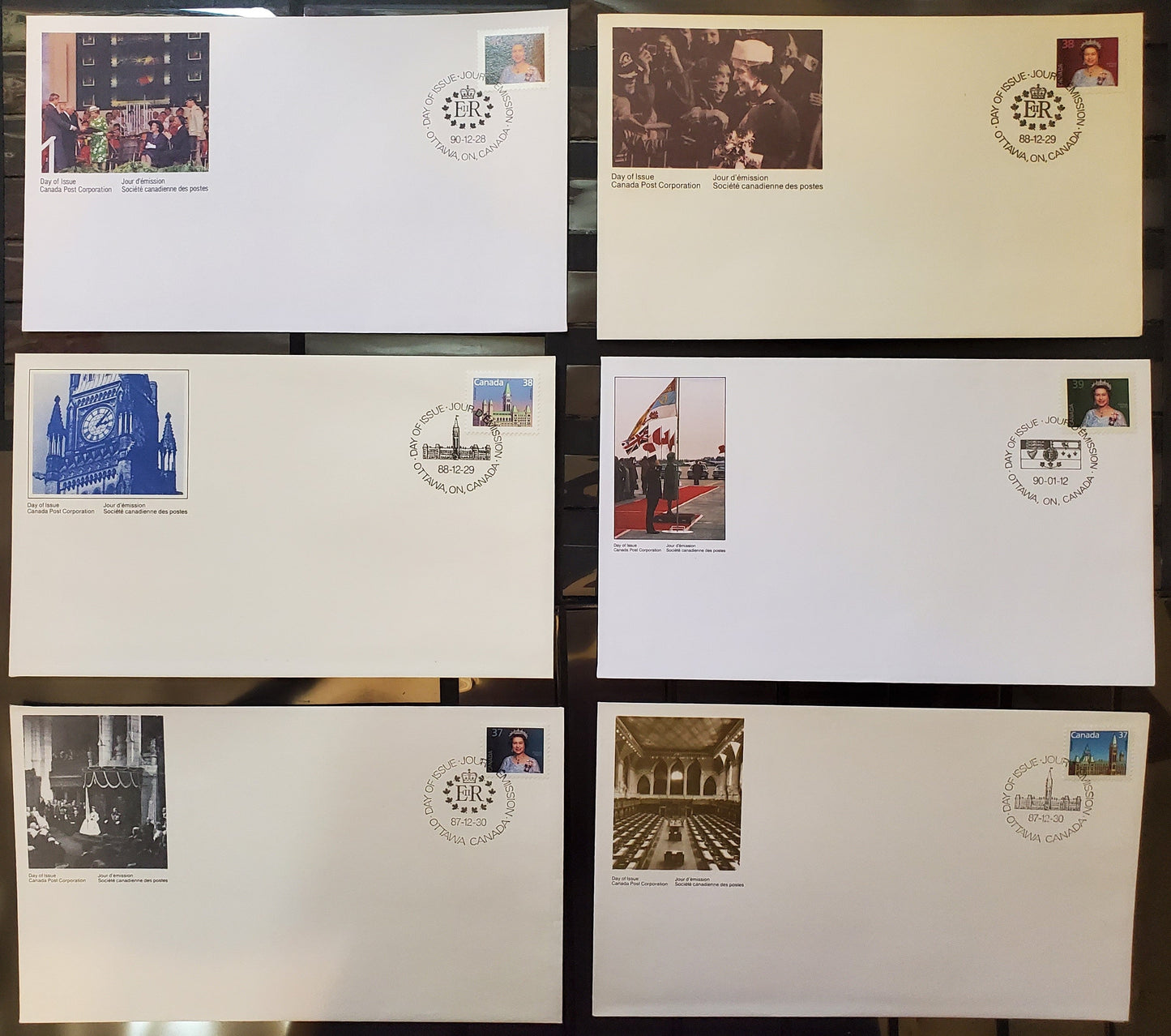 Canada #1162-1165, 1167-1168 37-40c Multicoloured Parliament Buildings & Queen Elizabeth II, 1987-1991 Mammal & Architecture Issue, 6 VF First Day Covers LF Cream and HB White Envelopes