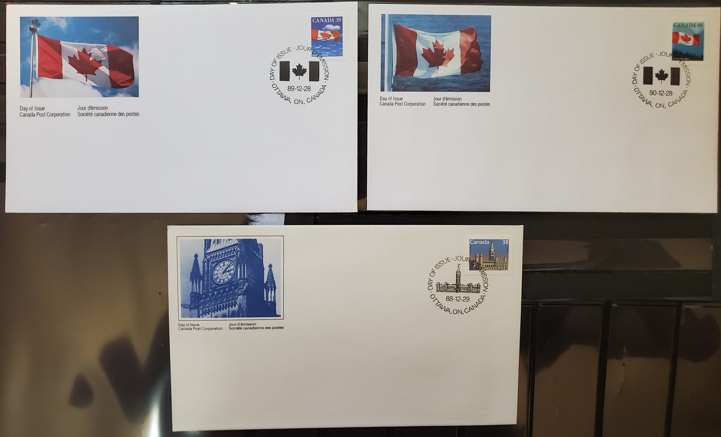Canada #1165-1166, 1169 38-40c Multicoloured Parliament Buildings, Canadian Flag & Queen Elizabeth II, 1987-1991 Mammal & Architecture Issue, 3 VF First Day Covers DF Cream & HB White Envelopes