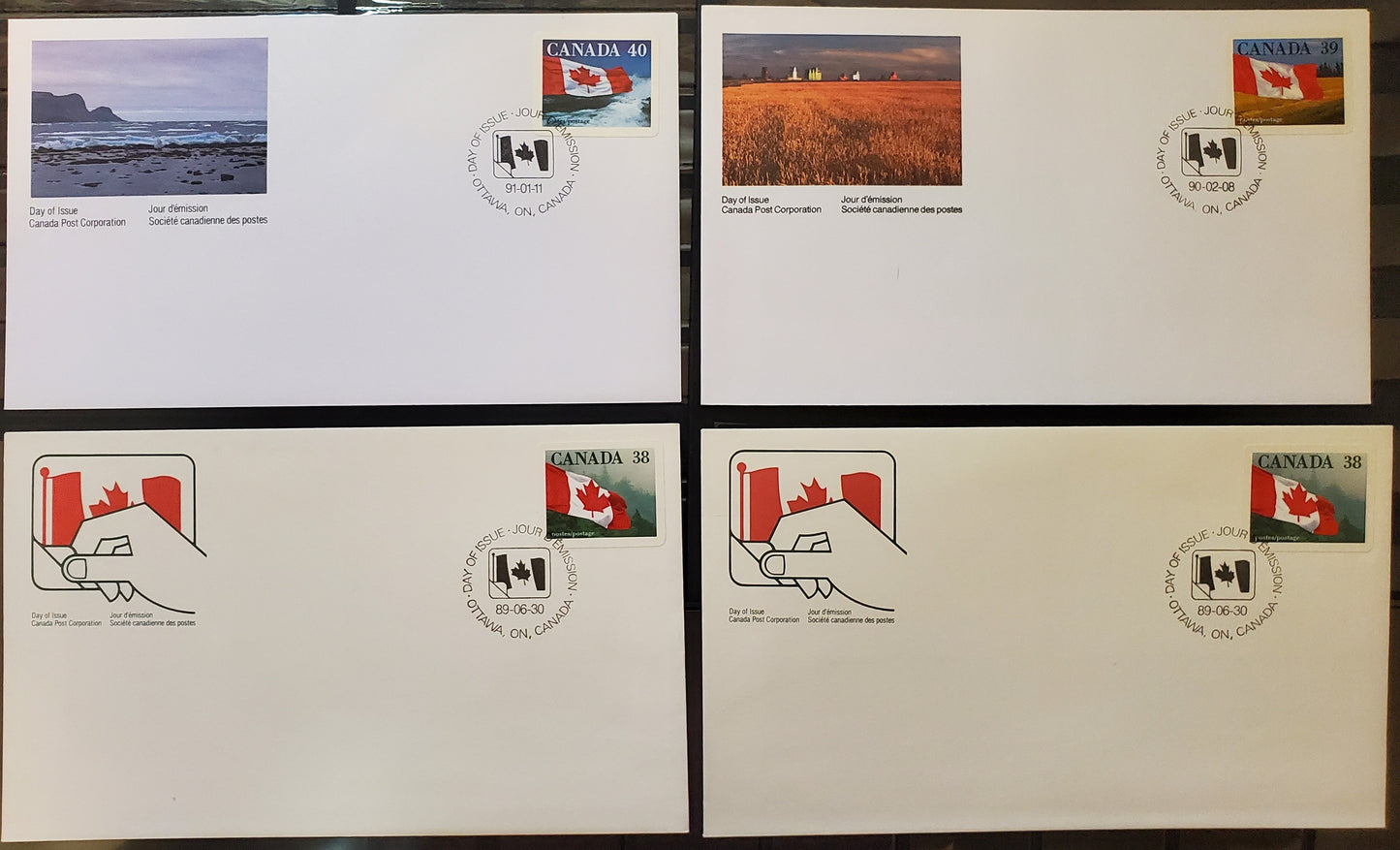 Canada #1191-1193 38c-40c Multicoloured Canadian Flag Over Various Scenes, 1987-1991 Mammal & Architecture Issue, 4 VF First Day Covers DF & NF Cream And HB White Envelopes