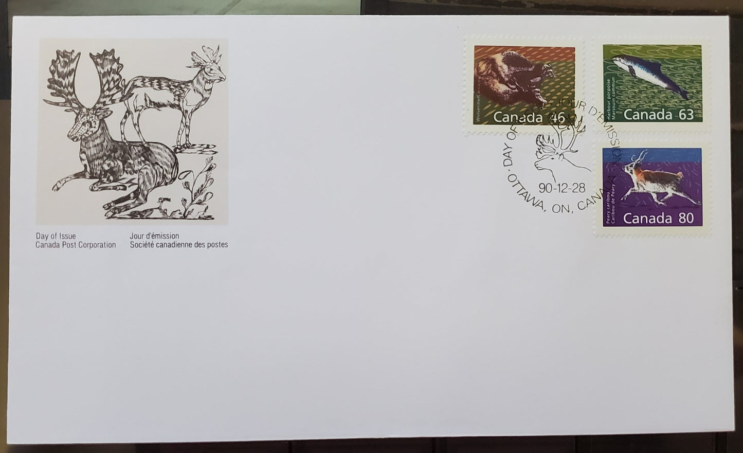 Canada #1172A, 1176a, 1180 46c, 63c, 78c Multicoloured Various Mammals, 1987-1991 Mammal & Architecture Issue, A VF First Day Cover HB White Envelope