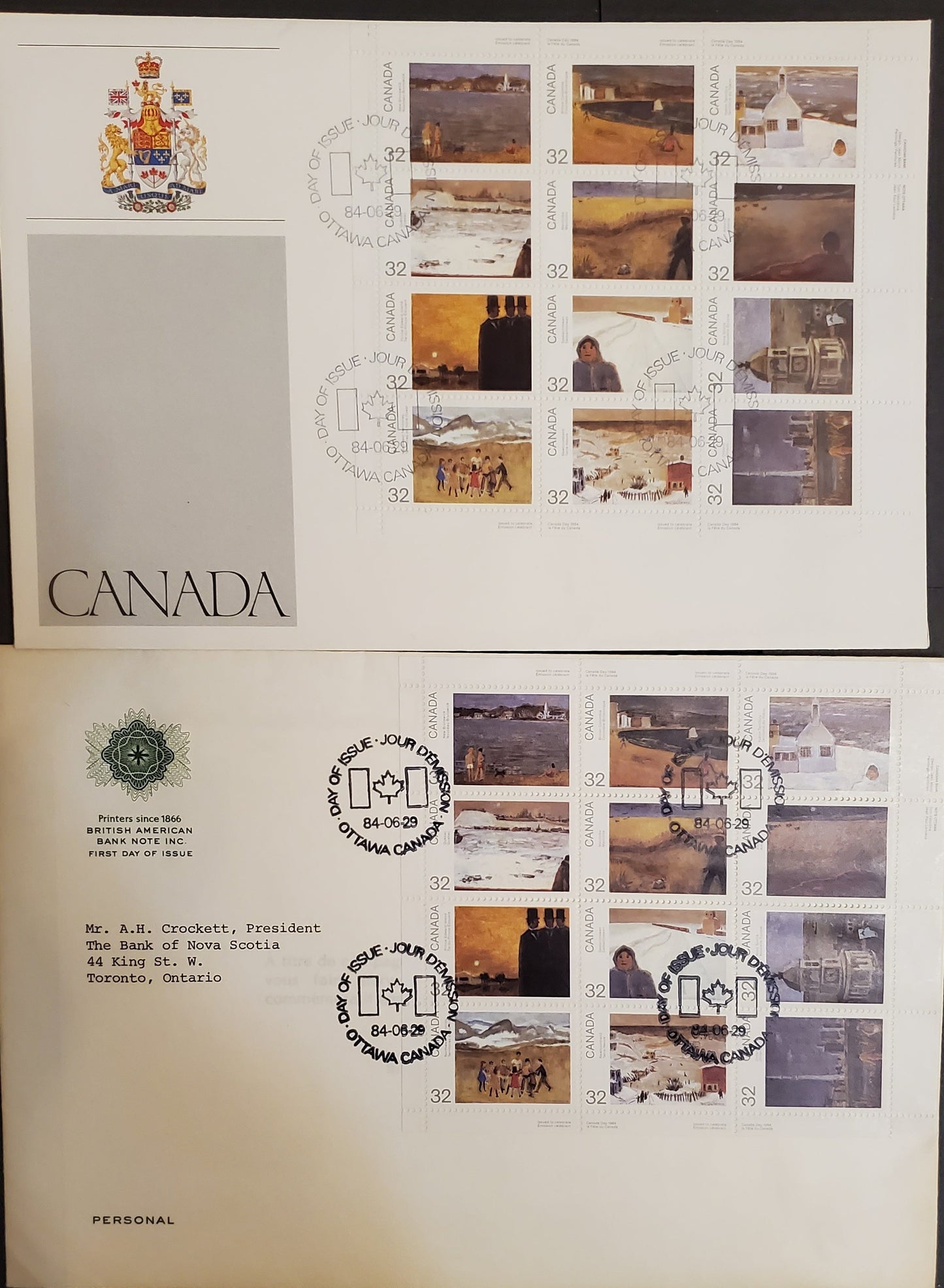 Canada #1027a 32c Multicoloured Various Scenes, 1984 Canada Day Issue, 2 VF Official Canada Post FDC's Minor Edge Toning On The BABN Cover