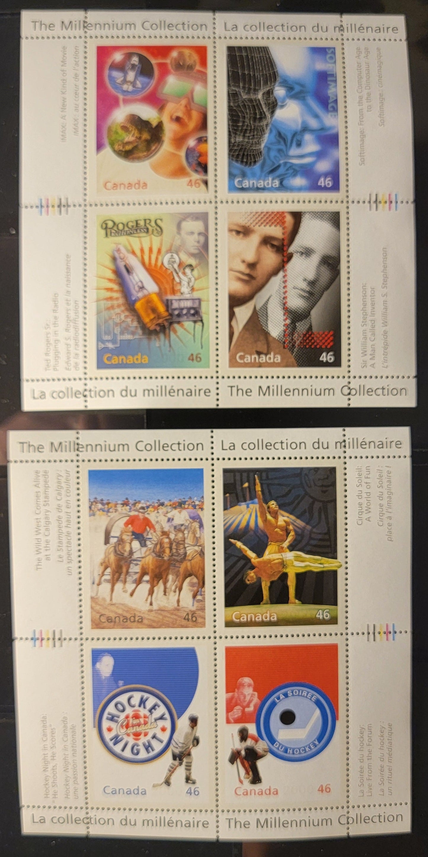 Canada #1818-1819 46c Multicoloured Media Technologies & Canadian Entertainment, 1999 The Millennium Collection Issue, 2 VFNH Souvenir Sheets Of 4