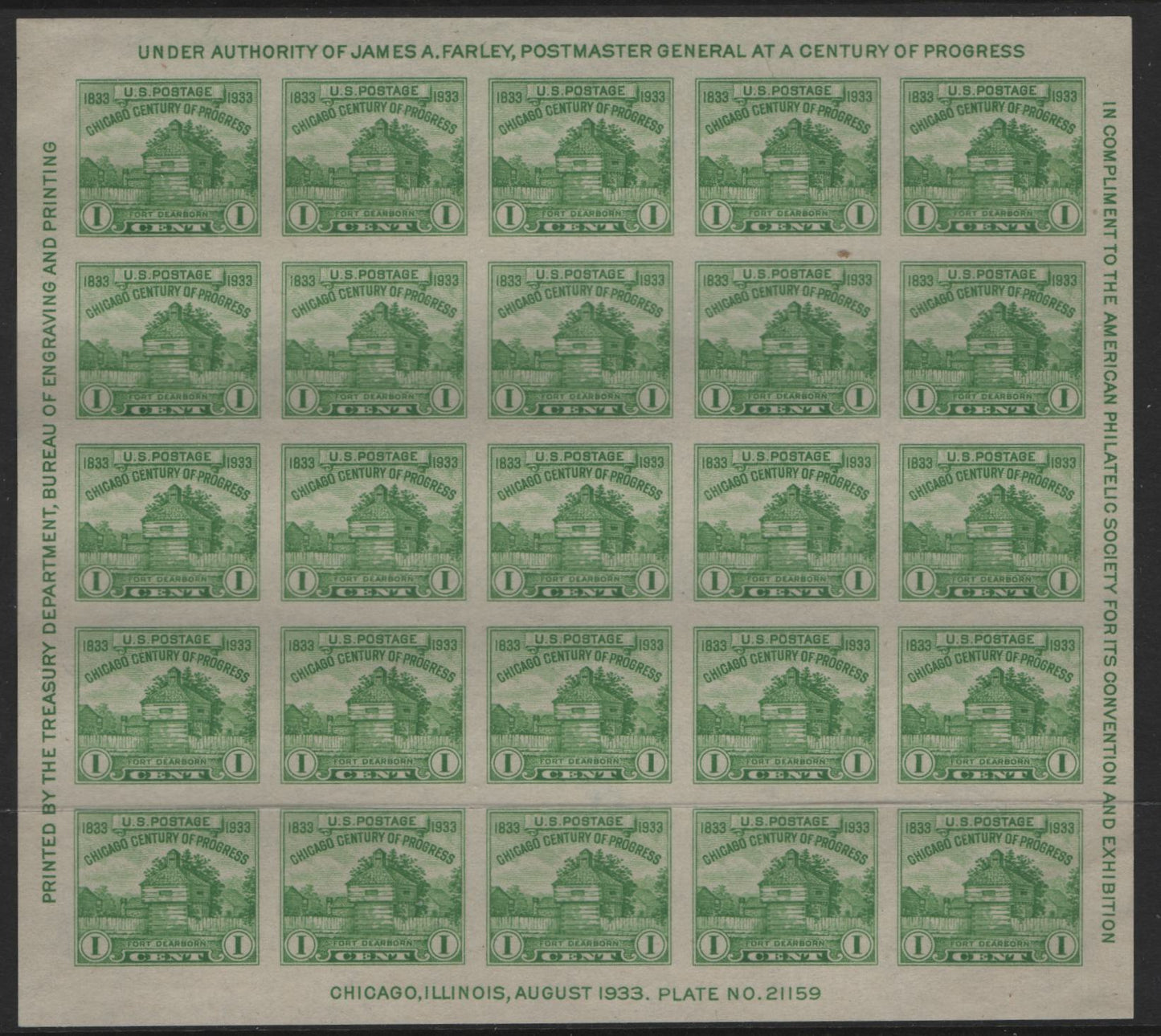 Lot 105 United States Of America #730 1c Yellow Green Restoration Of Fort Dearborn, 1933 American Philatelic Society Issue, A GEM Unused Souvenir Sheet Of 25 Without Gum, As Issued, Plate #21159