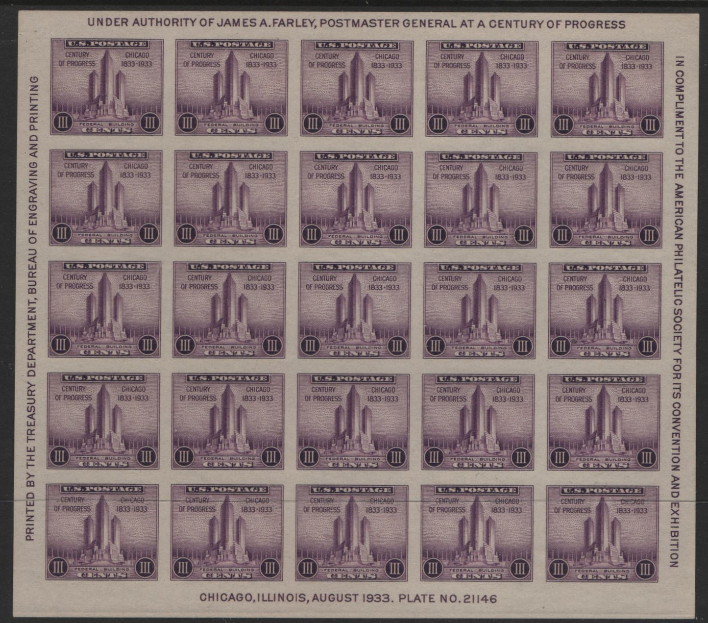 Lot 107 United States Of America #732 3c Purple Federal Building, 1933 American Philatelic Society Issue, A GEM Unused Souvenir Sheet Of 25 Without Gum, As Issued, Plate #21146
