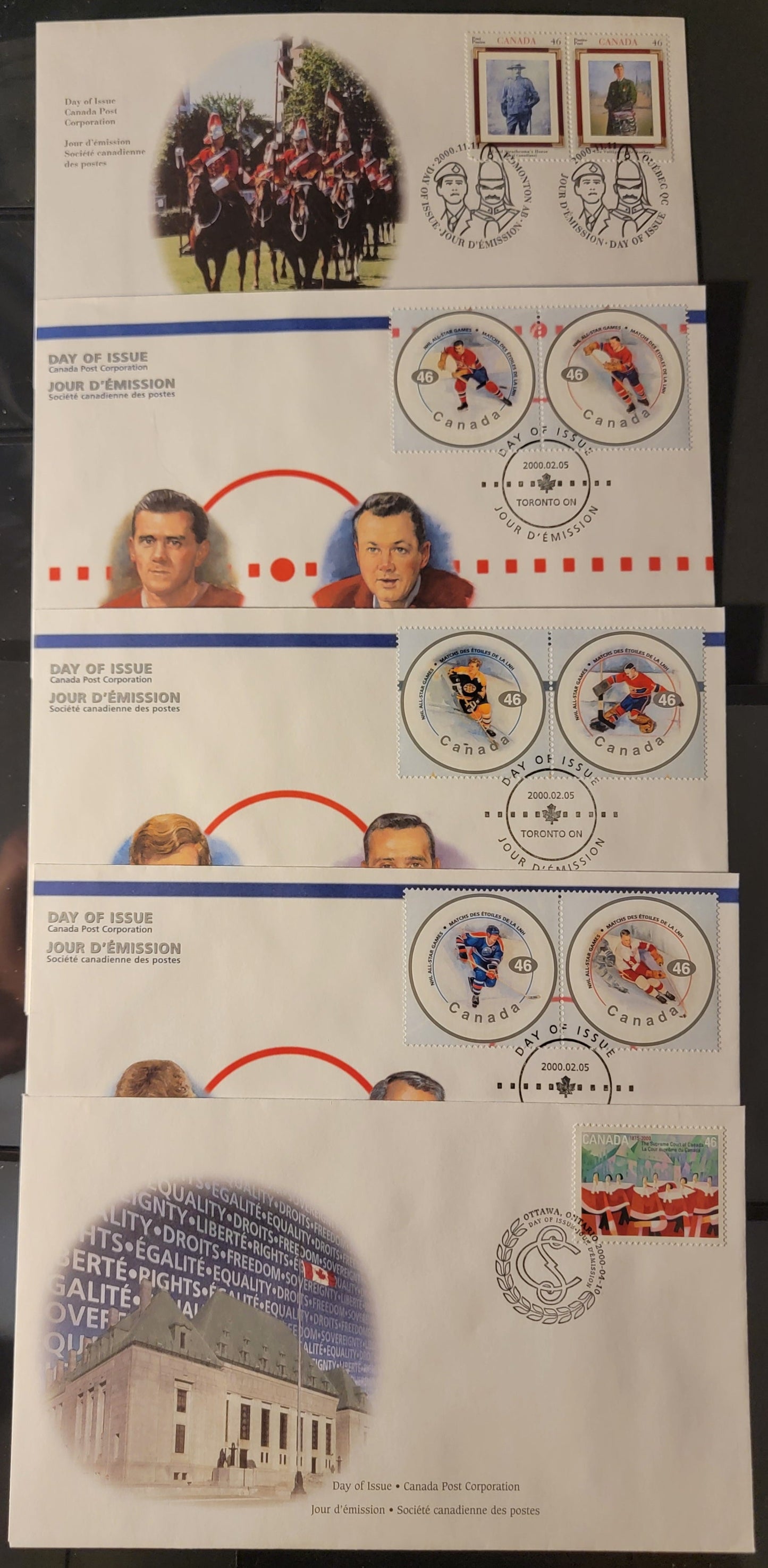 Canada #1838a-f, 1847, 1876-1877 46c Multicoloured Wayne Gretzky - Les Voltigueres Du Quebec, 2000 NHL All Stars - Canadian Regiments Issues, 5 VF Canada Post FDC's Franked With Singles & Pair