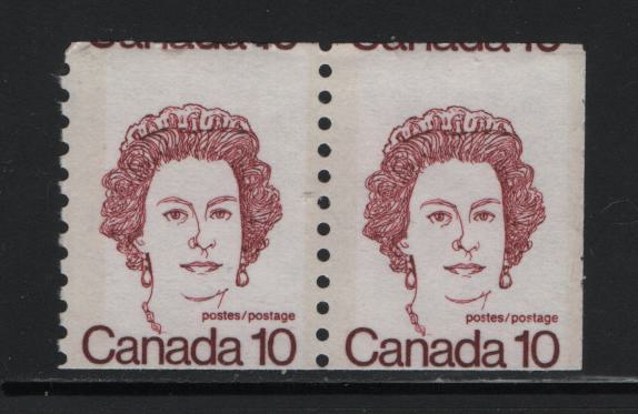 Lot 108 Canada #605var 10c Dark Carmine Queen Elizabeth II, 1973-1978 Caricature Issue, A VFNH Coil Pair DF2/DF2 Smooth Paper, Light Tagging, Miscut, Showing Partial Inscription At Top