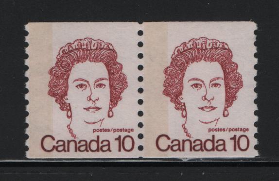Lot 108 Canada #605var 10c Dark Carmine Queen Elizabeth II, 1973-1978 Caricature Issue, A Fine NH Coil Pair DF2/DF2 Rose-Tinted Smooth Paper, Light Tagging, G2aL Tagging Error