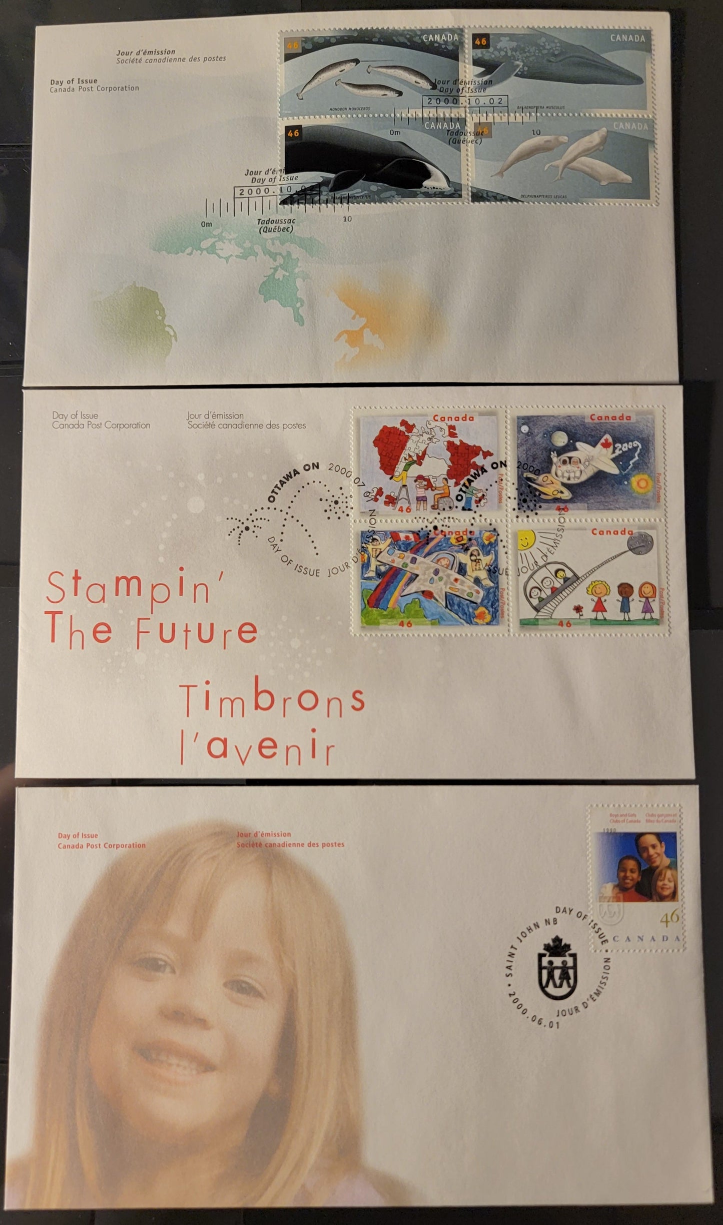 Canada #1857-1862, 1868-1871 46c Multicoloured Children - Beluga Whale, 2000 Boys & Girls Clubs Of Canada - Whales Issues, 3 VF Canada Post FDC's Franked With Single & Se-Tenant Blocks