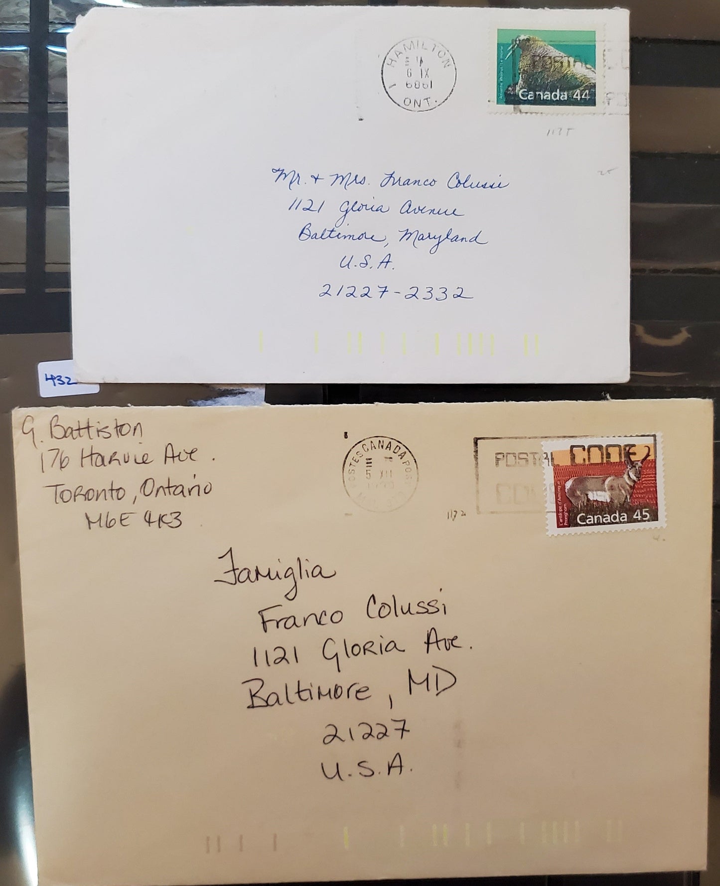 Canada #1171, 1172d 44c-45c Multicoloured Walrus & Pronghorn, 1987-1991 Mammal & Architecture Issue, 2 VF Covers Single Frankings to USA