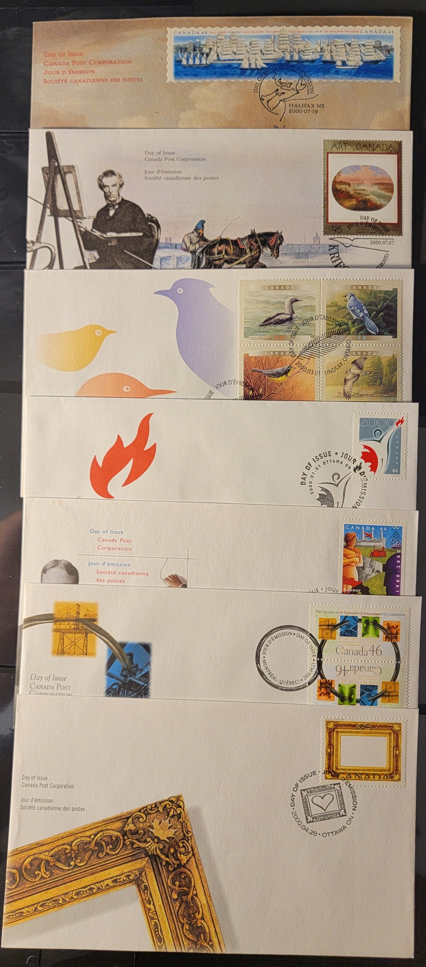 Canada #1835/1866 46c & 95c Millennium Partnership Logo - Symbols Of Labour & Industy, 2000 Millenium Partnership Program - Labour Department Centennial Issues, 7 VF Canada Post FDC's Franked With Singles, Pairs & Blocks On HB & DF Envelopes