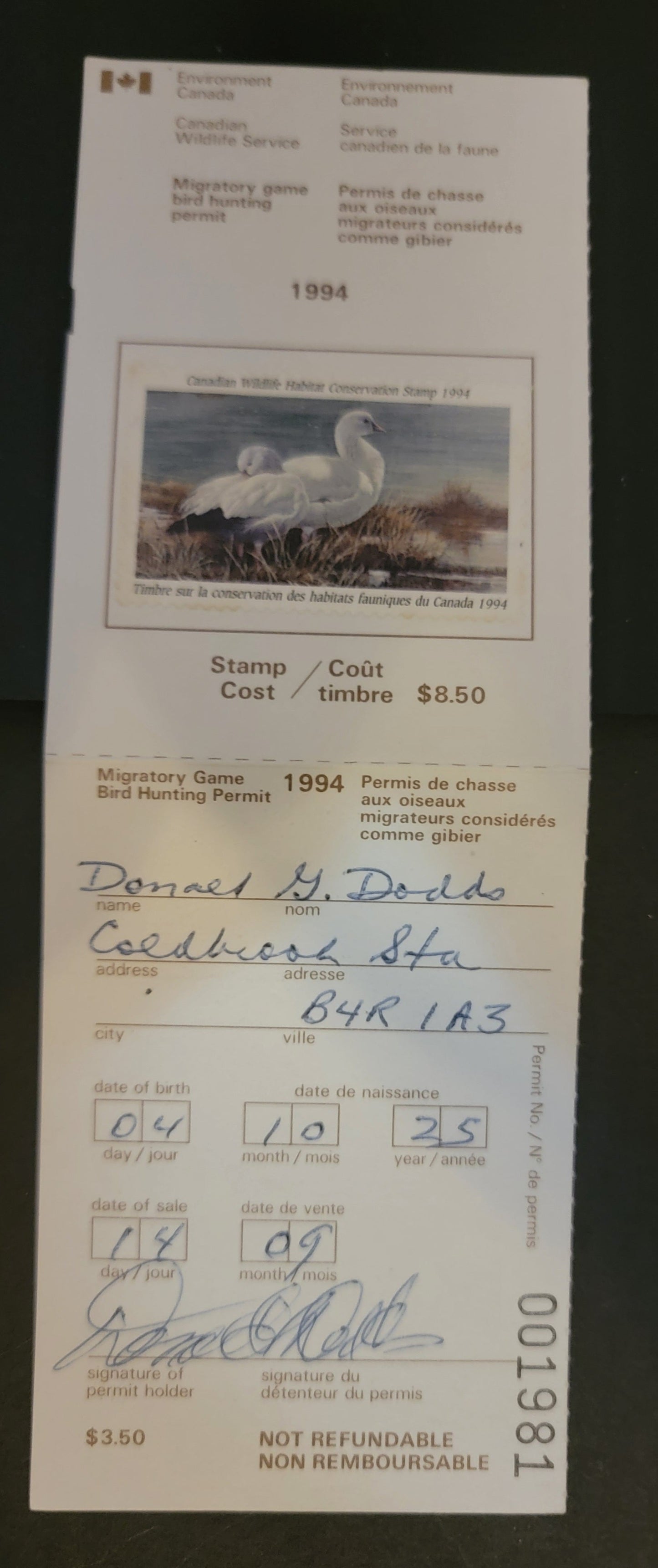 Canada #FWH10 $8.5 Multicoloured Ross' Geese, 1994 Federal Wildlife Habitate Conservation Issue, A VF Used Single Used On Complete Licence Stamp On HF Paper