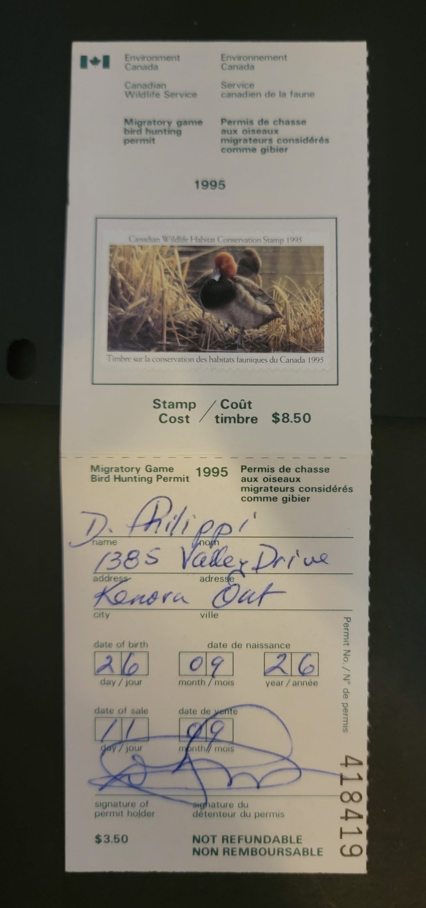 Canada #FWH11 $8.5 Multicoloured Redheads, 1995 Federal Wildlife Habitate Conservation Issue, A VF Used Single Used On Complete Licence Stamp On NF Paper