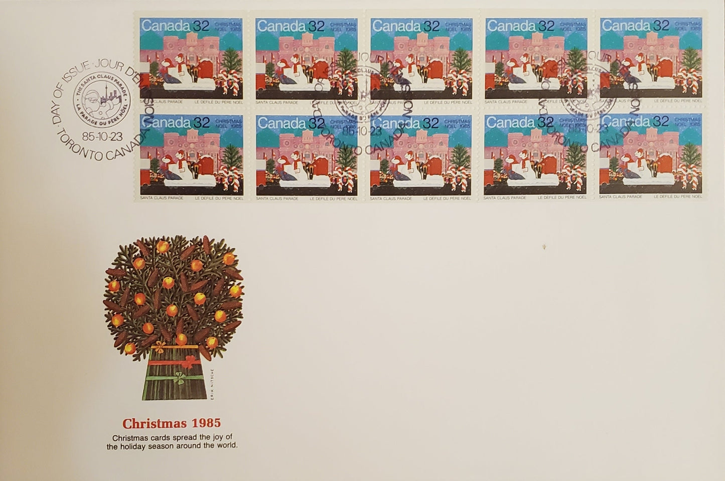 Canada #1070a 32c Multicoloured Santa Claus Parade, 1985 Christmas Issue, A VF Fleetwood FDC Franked With Complete Booklet Pane, No OFDC Was Created For The Booklet Pane