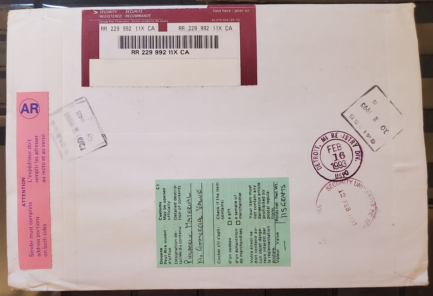 Canada #1084ii, 1182 $2, $5 Multicoloured La Mauricie & McAdam Railway, 1987-1991 Mammal & Architecture Issue, A VF Cover Combination Usage to Pay $12 Registration and AR