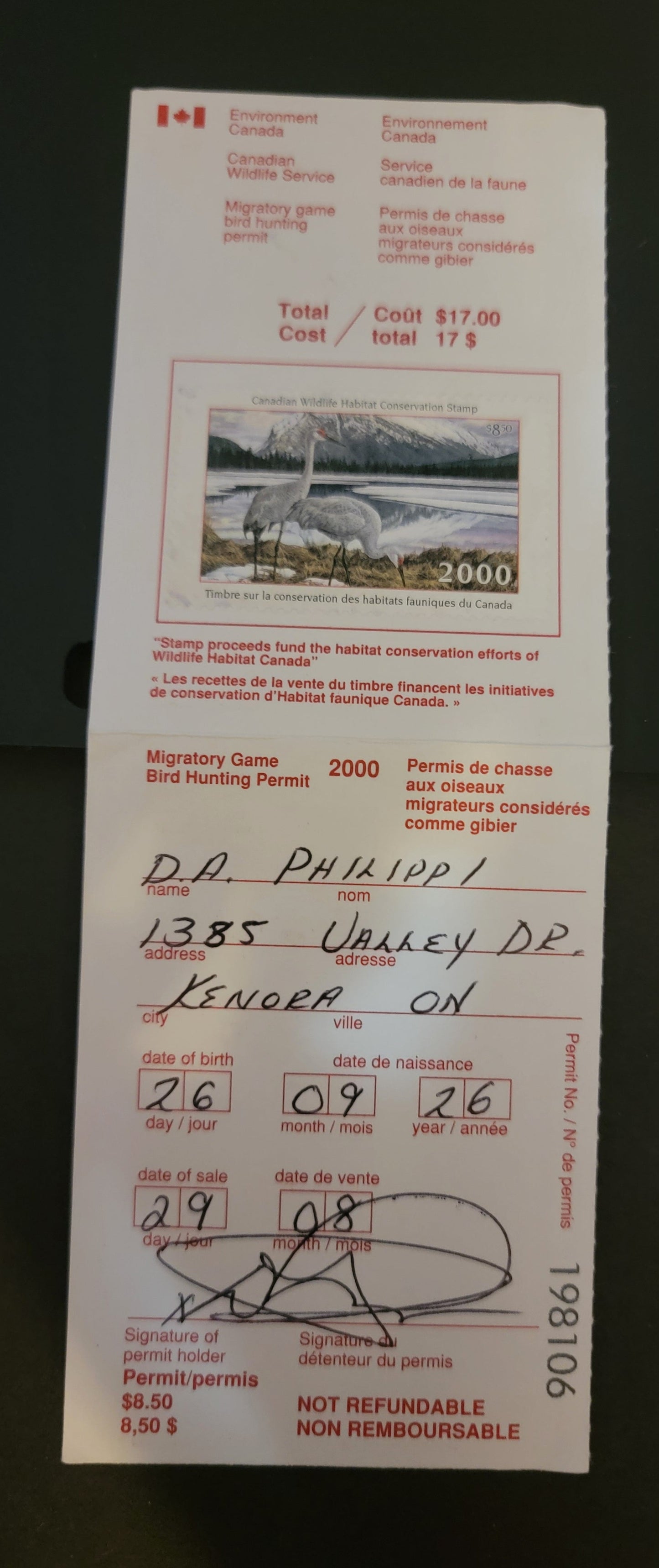 Canada #FWH16 $8.5 Multicoloured Sandhill Cranes, 2000 Federal Wildlife Habitate Conservation Issue, A VF Used Single Used On Complete Licence Stamp On NF Paper