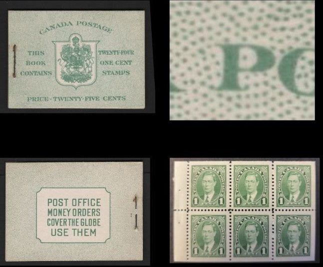 Lot 347 Canada SC#BK28c 1c Green King George VI, 1938-1942 Mufti Issue, A Fine NH Complete Booklet Containing 4 Panes of 6, Paper/Gum Type CBN-N, Harris Front Cover Type IIa, 6c Airmail Rate Page, No Dot To Left Of "A Mari" On Cover