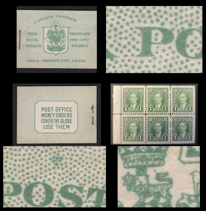 Lot 350 Canada SC#BK28c 1c Green, 1938-1942 Mufti Issue, A Fine NH Complete Booklet Containing 4 Panes of 6, Paper/Gum Type CBN-N, Harris Front Cover Type IIb, 6c Airmail Rate Page, Small Blemish Above OS Of Postage & Line On Tail Of Small Lion