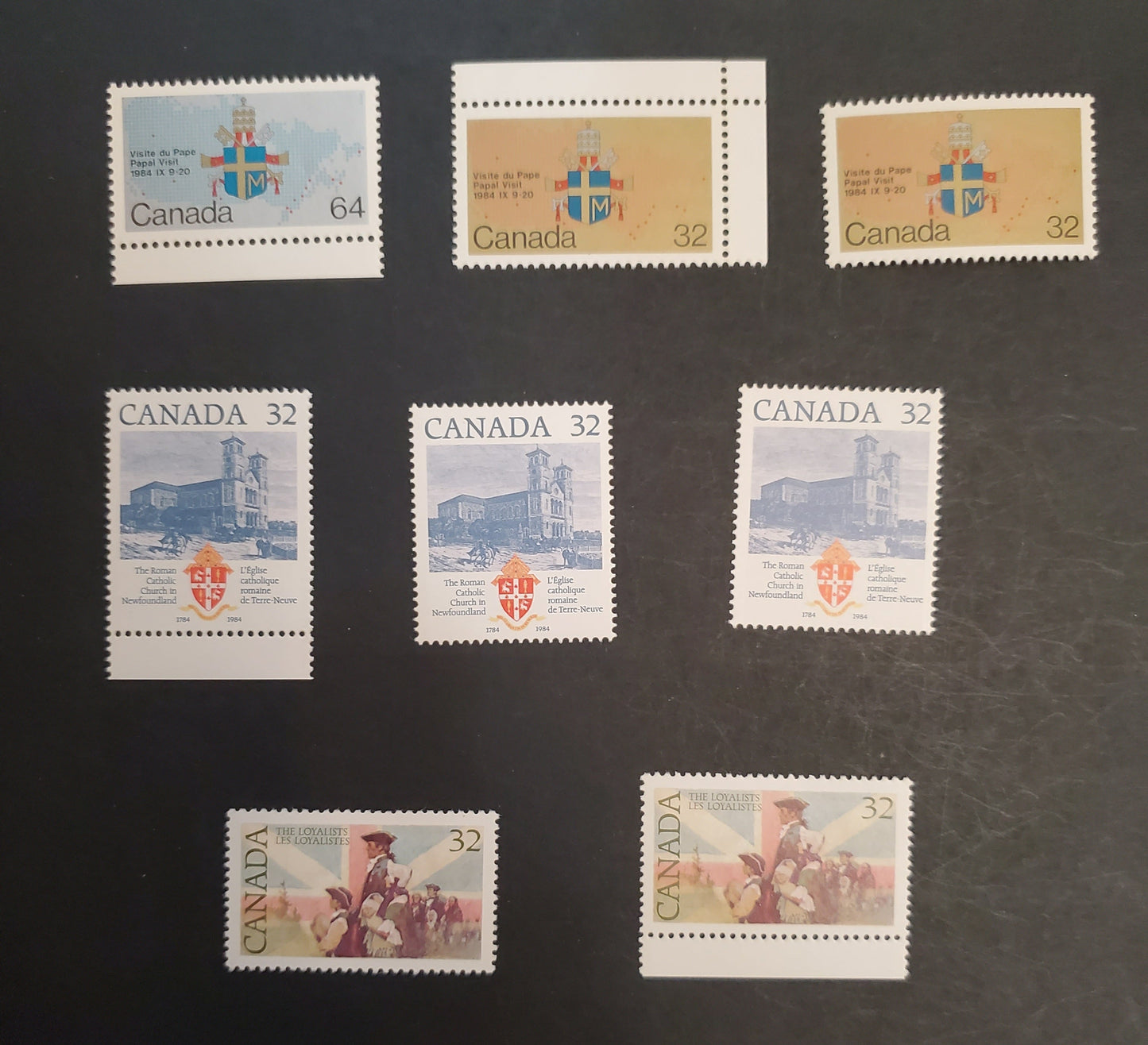 Canada 1028-1031 32c &64c Multicoloured Various Designs, 1984 United Empire Loyalists - Papal Visit Issues, 8 VFNH Singles NF/NF, NF/DF1, NF/DF2 & NF/LF3 Clark, And LF/DF1 & DF/DF1 Harrison Papers