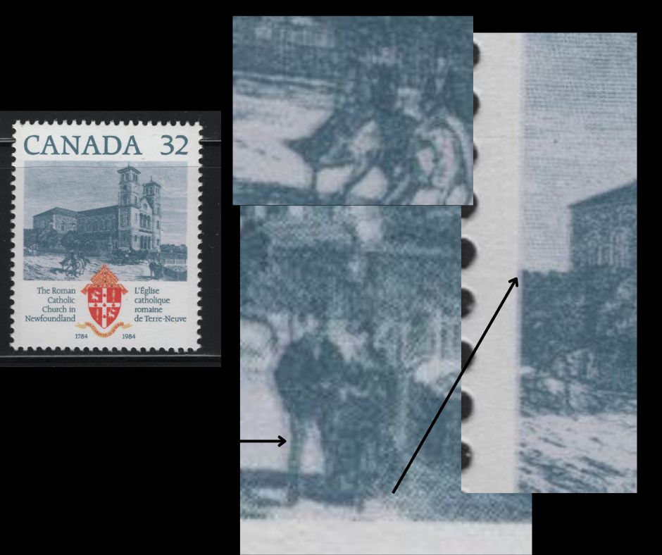 Canada 1029var 32c Multicoloured Basilica of St. John's, 1984 200th Anniversary of Roman Catholic Church in Newfoundland Issue, A VFNH Single 1/4mm Leftward Shift of Violet Grey, NF/LF3 Clark Paper