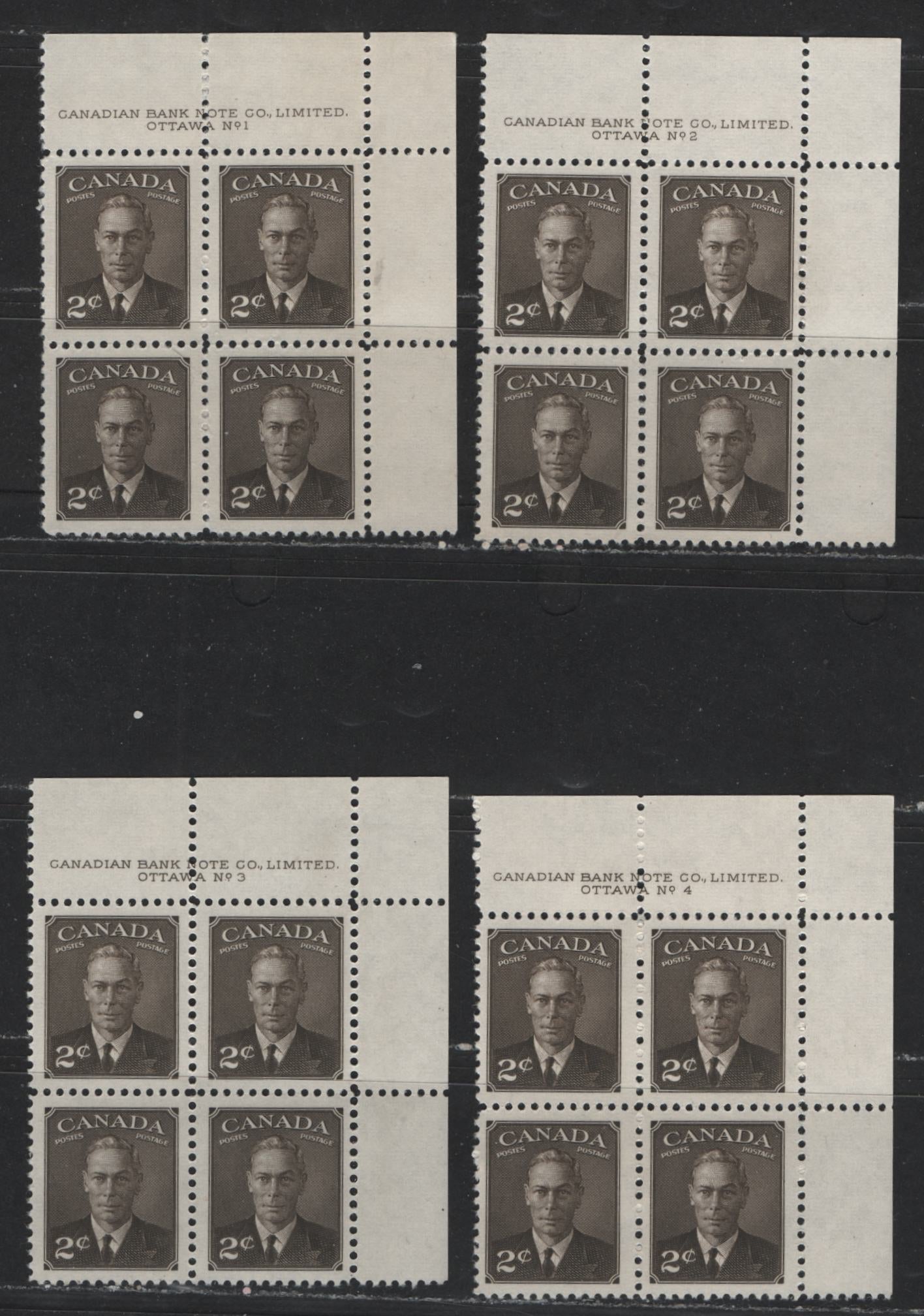 Lot 119 (C) Canada #285 2c Sepia King George VI, 1949-1952 Postes-Postage Issue, 4 VFNH UR Plate Blocks Plates 1-4
