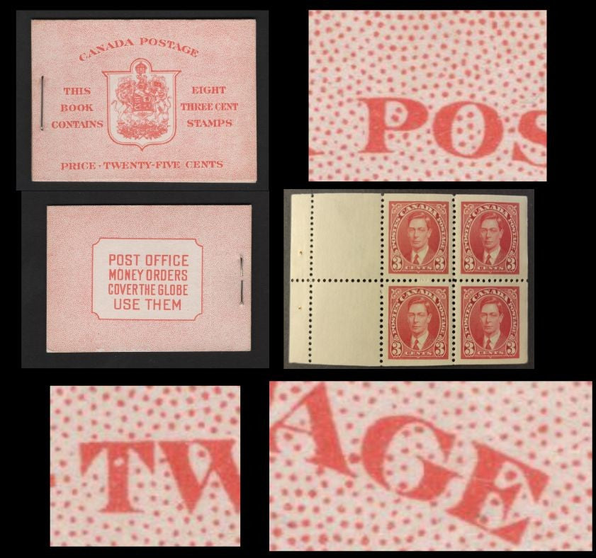 Lot 358 Canada SC#BK30c 3c Carmine, 1938-1942 Mufti Issue, A Fine NH Complete Booklet Containing 2 Panes of 4, Paper/Gum Type CBN-N, Harris Front Cover Type IIe, 6c Airmail Rate Page, Broken "G" In Postage & Hole in T of Three, Likely Constant