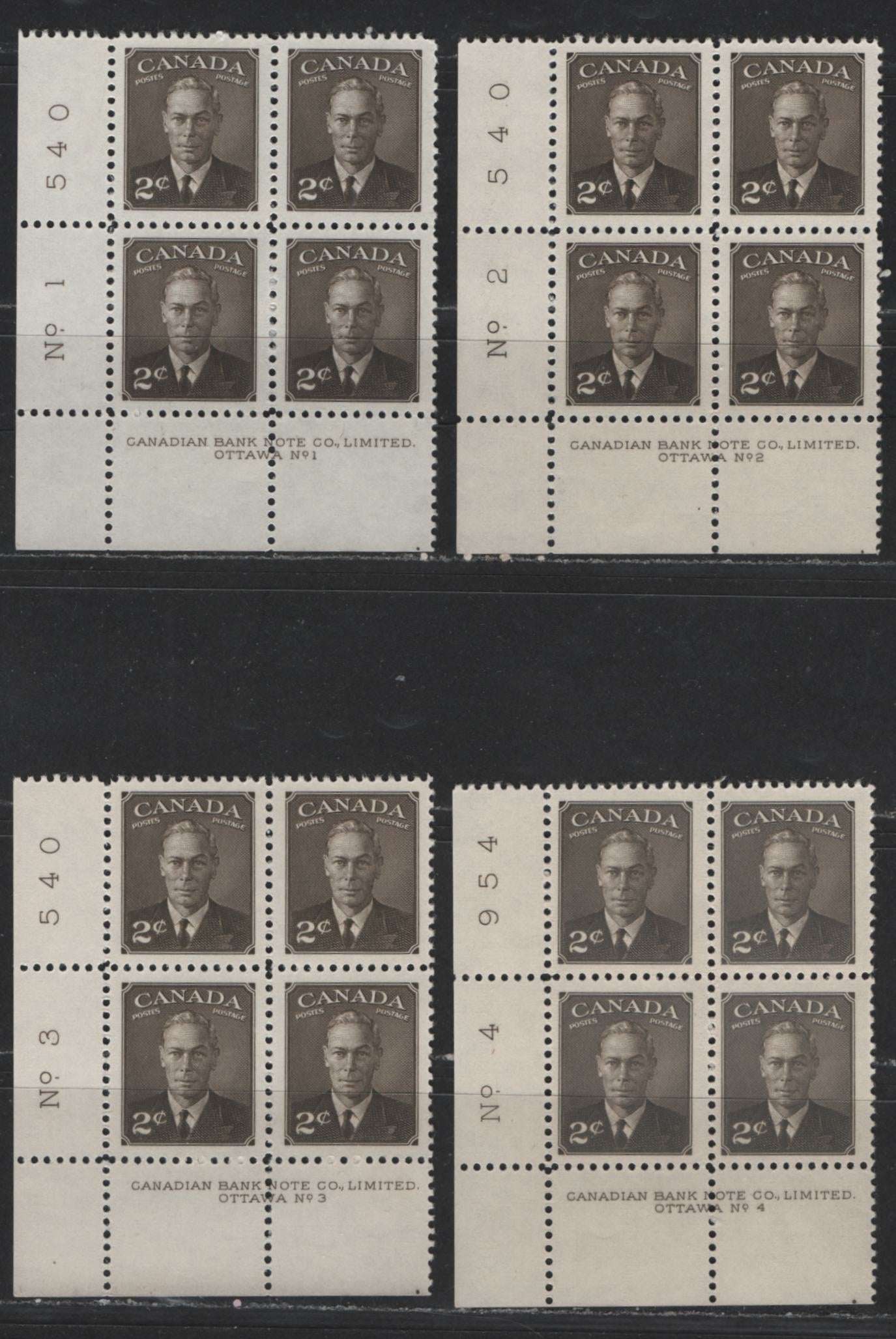 Lot 120 Canada #285 2c Sepia King George VI, 1949-1952 Postes-Postage Issue, 4 VFNH LL Plate Blocks Plates 1-4