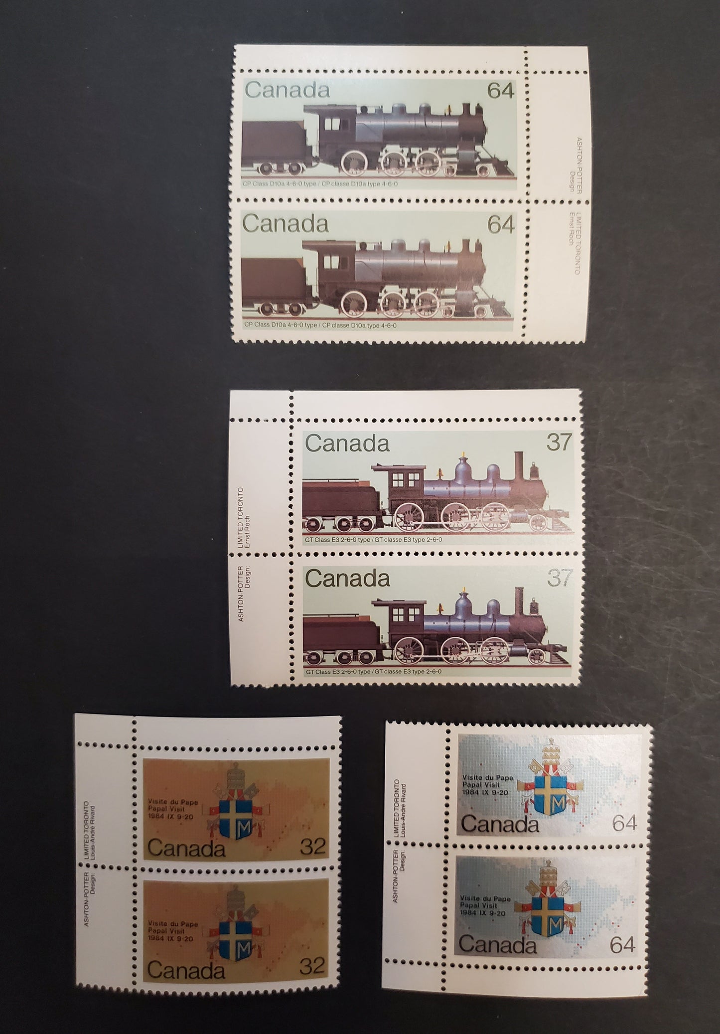 Canada 1030-1031, 1038-1039 32c, 37c, 64c Multicoloured Papal Coat of Arms & Map & Locomotives, 1984 Papal Visit & Canadian Locomotives Issues, 4 VFNH Inscription Pairs DF/DF1, LF/DF1 & DF2/DF Harrison Papers
