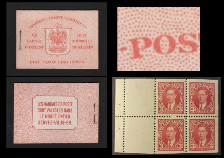 Lot 361 Canada SC#BK30c 3c Carmine King George VI, 1938-1942 Mufti Issue, A Fine NH Complete Booklet Containing 2 Panes of 4, Paper/Gum Type CBN-N, French Covers, Harris Front Cover Type IIn, 6c Airmail Rate Page