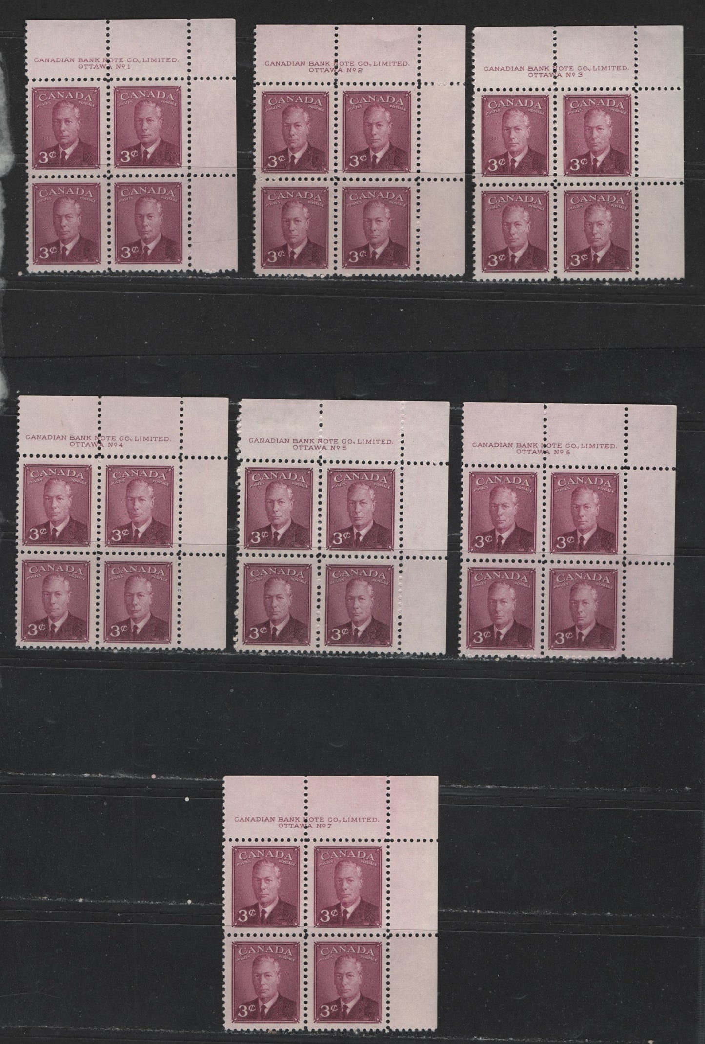 Lot 120 (C) Canada #286 3c Rose Purple King George VI, 1949-1952 Postes-Postage Issue, 7 Fine & VFNH UR Plate Blocks Plates 1-7