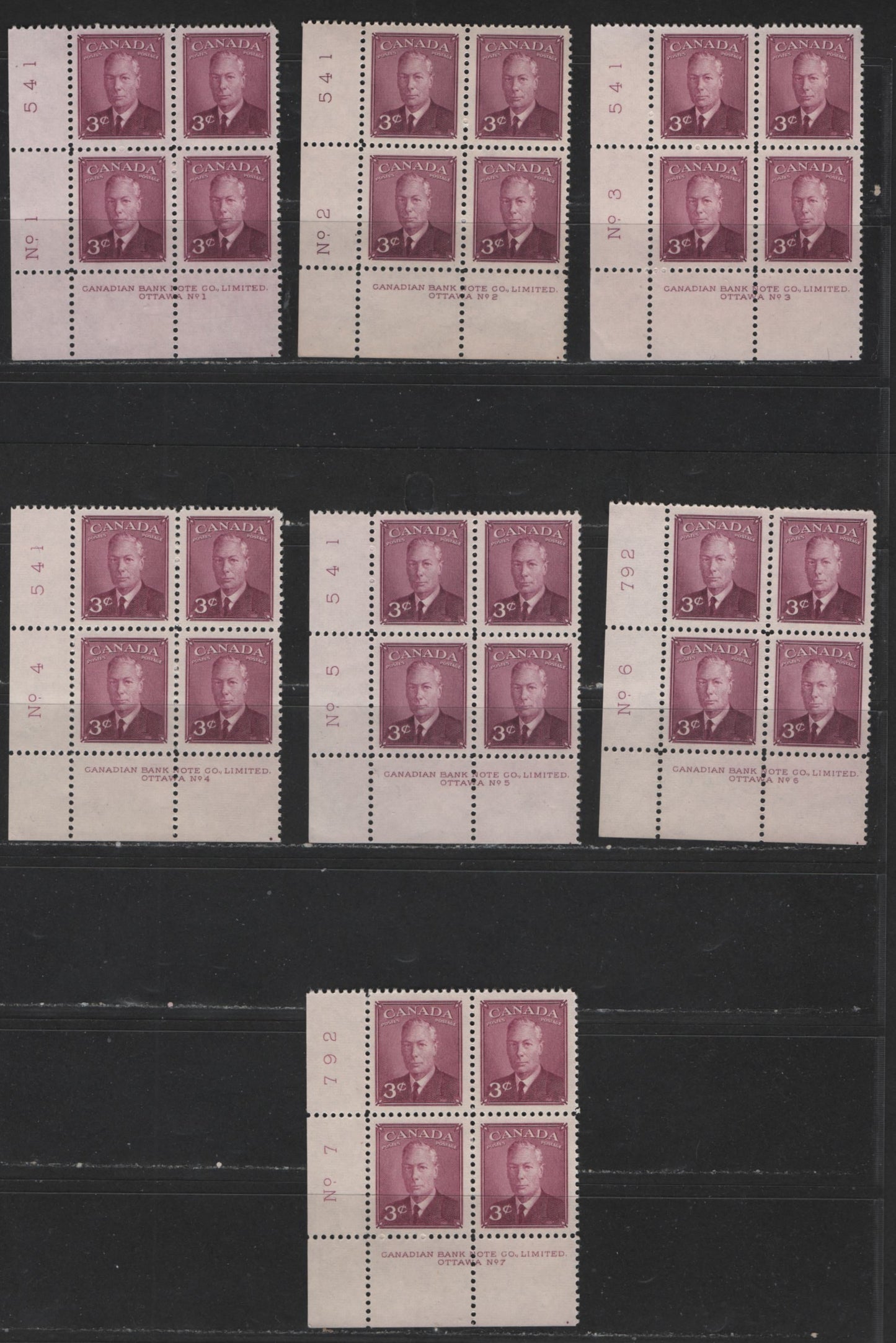 Lot 121 Canada #286 3c Rose Purple King George VI, 1949-1952 Postes-Postage Issue, 7 VFNH LL Plate Blocks Plates 1-7