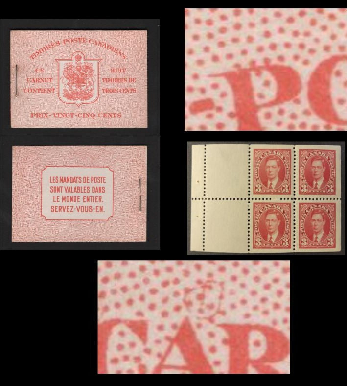 Lot 363 Canada SC#BK30c 3c Carmine, 1938-1942 Mufti Issue, A VFNH Complete Booklet Containing 2 Panes of 4, Paper/Gum Type CBN-N, French Covers, Harris Front Cover Type IIo, 6c Airmail Rate Page, Circular Thread Above A Of Carnet (Possibly Constant)