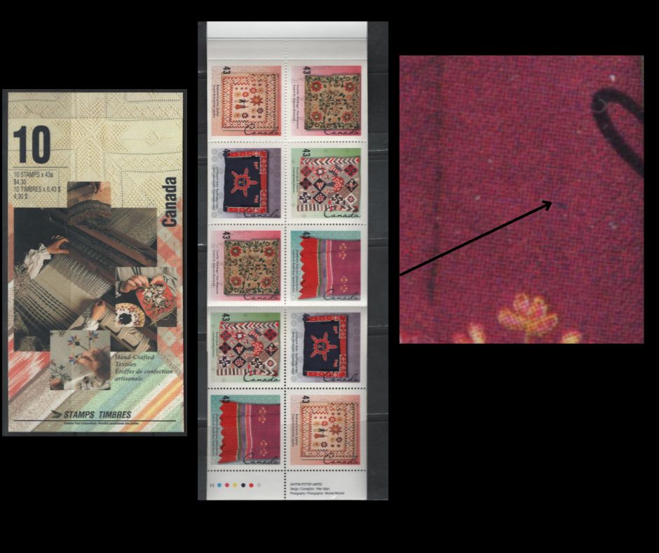 Canada #BK159bvar 43c 1993 Canadian Textiles Issue, A VFNH Complete Booklet Of 10 Open HB Cover (Philatelic Stock), DF1/DF2 Harrison Paper Pane, Spotty PVA Gum, Showing Hole In Blanket (Pos 3) Variety, Tertiary And Possibly Constant