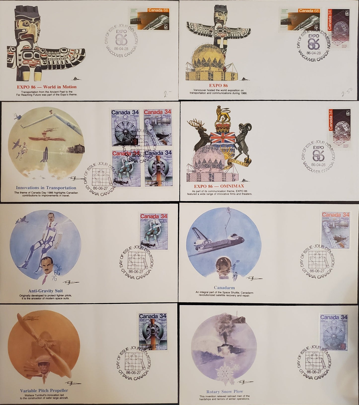 Canada #1092-1093, 1094-1102A 34c 68c Multicoloured Various Subjects, 1986 Expo '86 & Canada Day Issues, 8 VF Fleetwood FDC's Including Combination Covers