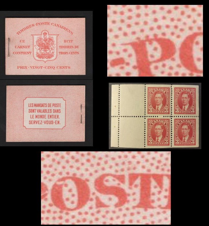 Lot 364 Canada SC#BK30c 3c Carmine, 1938-1942 Mufti Issue, A VFNH Complete Booklet Containing 2 Panes of 4, Paper/Gum Type CBN-N, French Covers, Harris Front Cover Type IIo, 6c Airmail Rate Page, Damaged O & Broken S Of Poste, Possibly Constant
