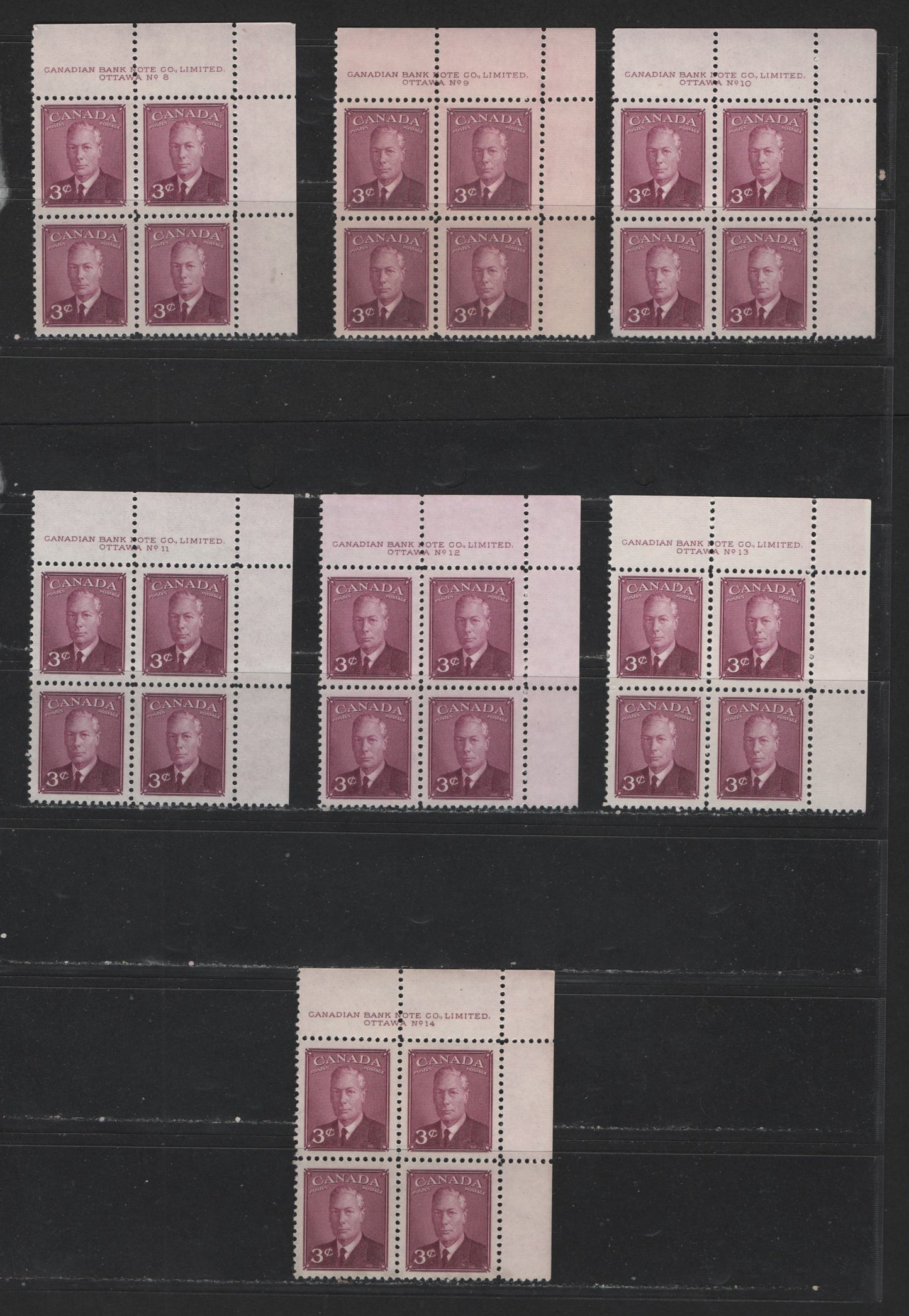 Lot 121 (C) Canada #286 3c Rose Purple King George VI, 1949-1952 Postes-Postage Issue, 7 VFNH UR Plate Blocks Plates 8-14