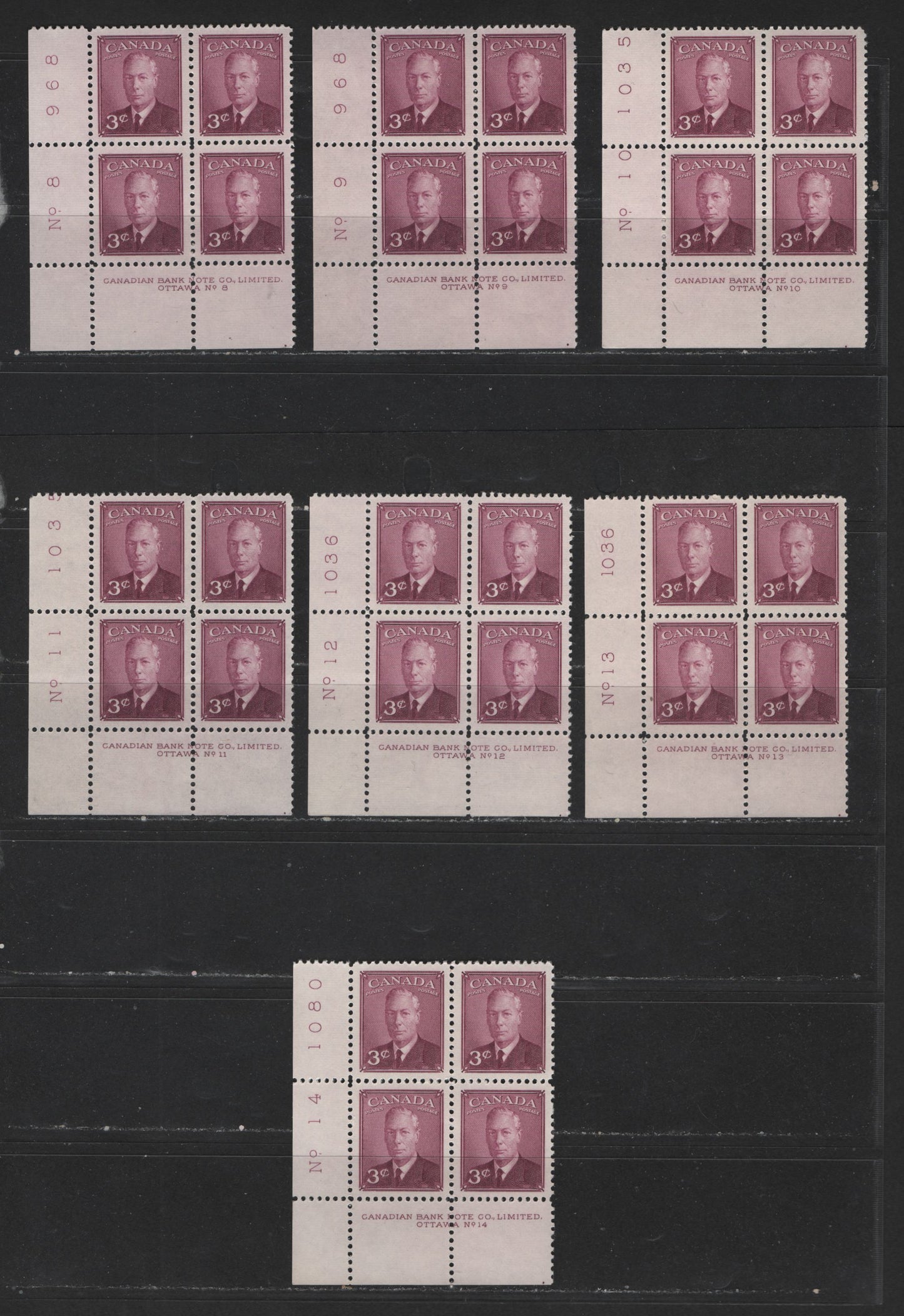 Lot 122 Canada #286 3c Rose Purple King George VI, 1949-1952 Postes-Postage Issue, 7 VFNH LL Plate Blocks Plates 8-14