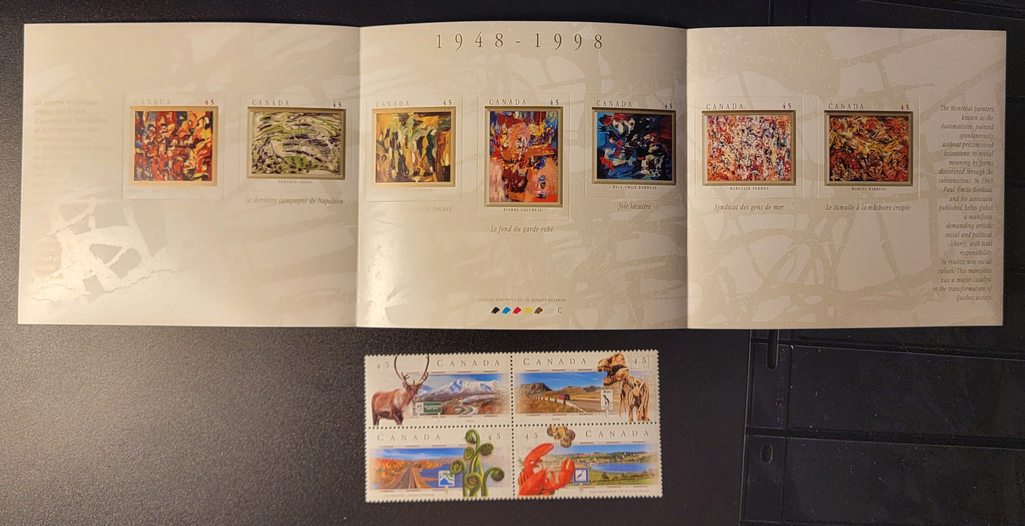 Canada #1742a, BK209 45c Multicoloured Dempster Highway, Yukon - Le Tumulte A La Machoire Crispee, 1998 Scenic Highways - The Automatistes Issues, A VFNH Se-Tenant Block & Complete Booklet Of 7