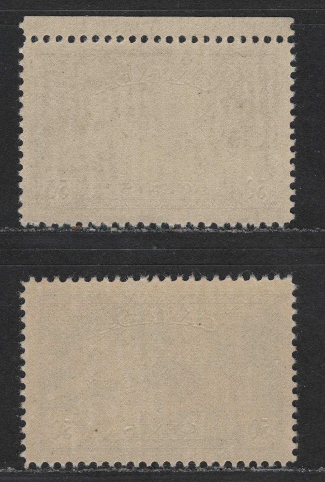 Canada #272 50c Deep Green & Deep Bluish Green Logging, 1946-1951 Peace Issue, 2 VFNH Singles On Horizontal Ribbed Paper With Cream Gum