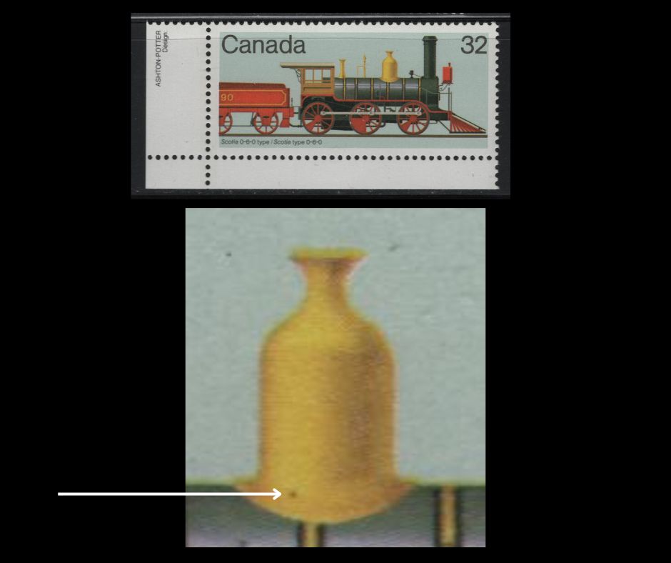 Canada 1036var 32c Multicoloured Scotia 0-6-0 Type, 1984 Canadian Locomotive Issue, A VFNH Single DF2/DF2 Harrison Paper, Black Dot on Yellow Dome (Pos. 41) Variety, Tertiary or Potentially Constant